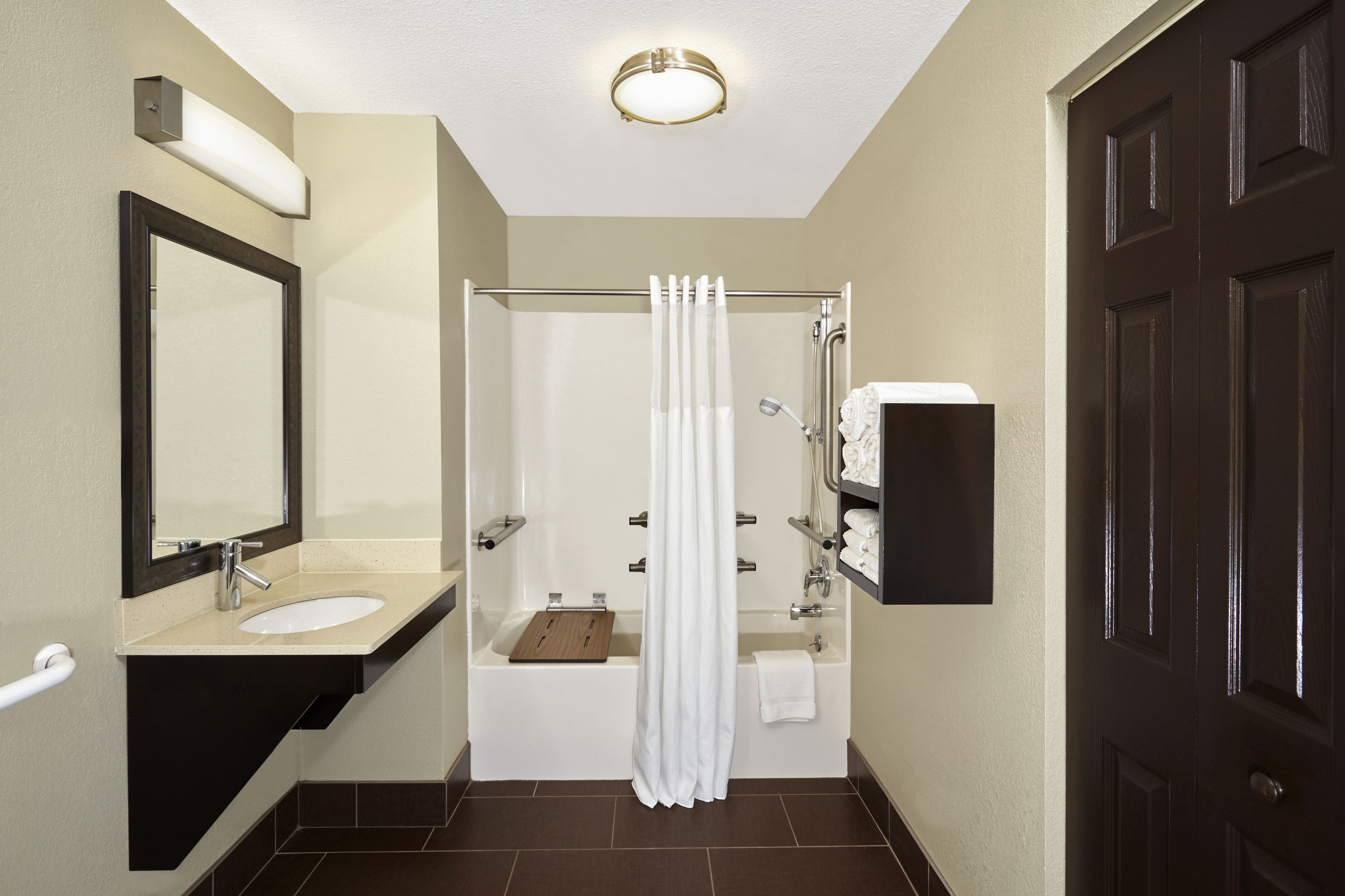 suite, 1 bedroom, accessible, kitchen (mobility, accessible tub) | bathroom | combined shower/bathtub, hydromassage showerhead, free toiletries