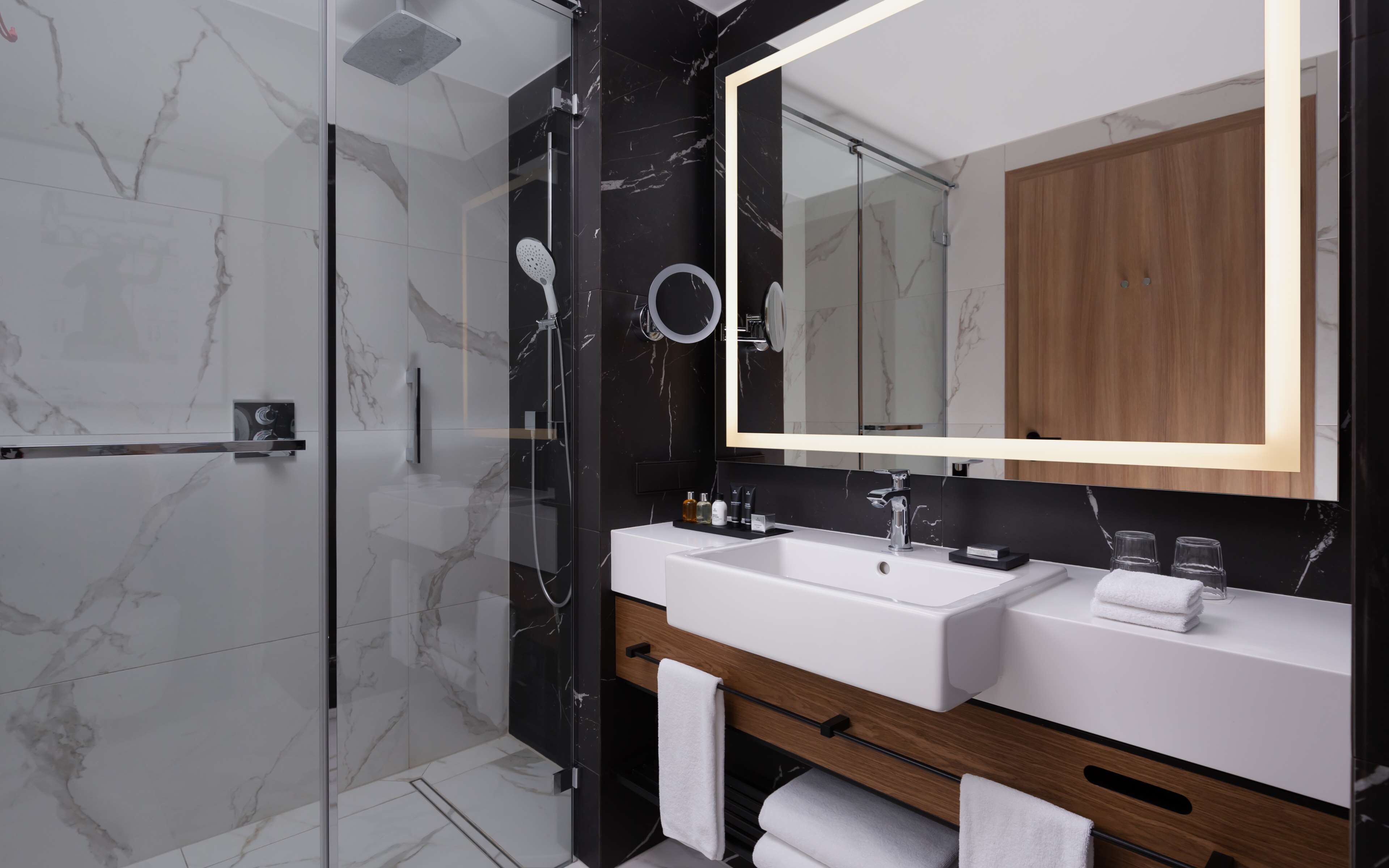 A modern bathroom with a glass-enclosed shower, a white sink, and a large mirror.