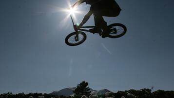 A silhouette of a person performing a BMX stunt against a clear sky.