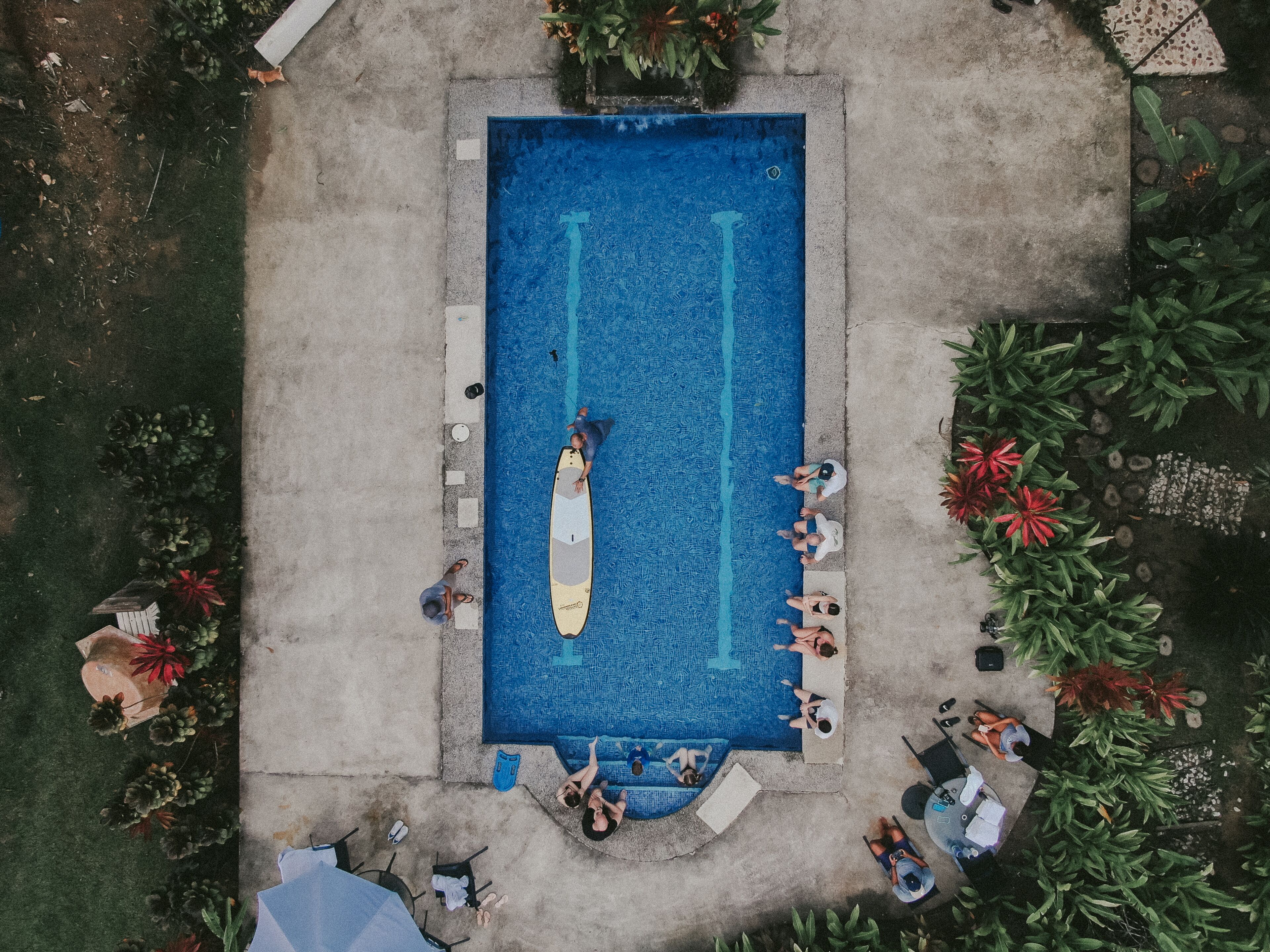 Kolam renang outdoor, dengan payung kolam renang dan kursi berjemur