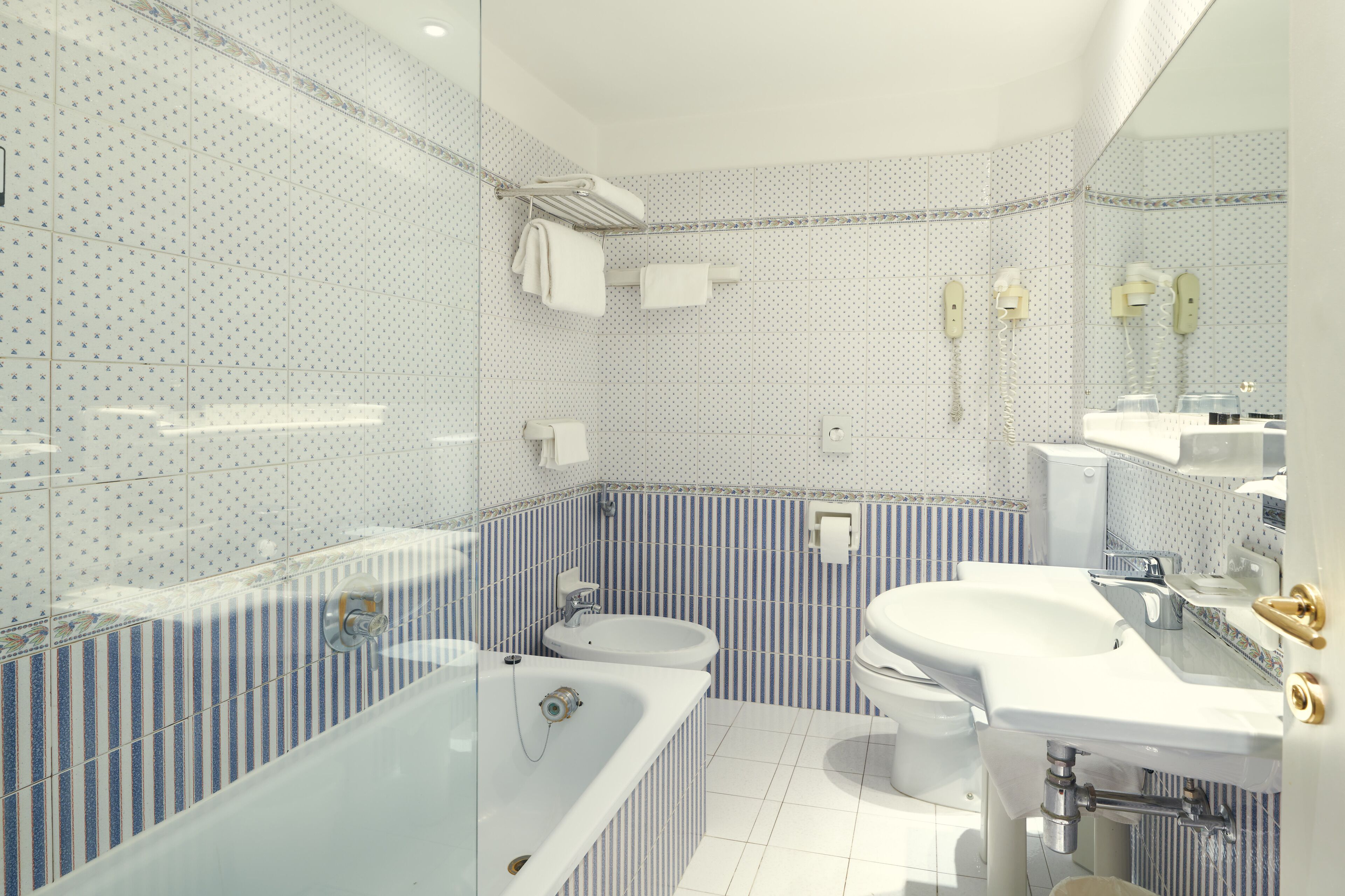 combined shower/bathtub, free toiletries, hair dryer, bidet