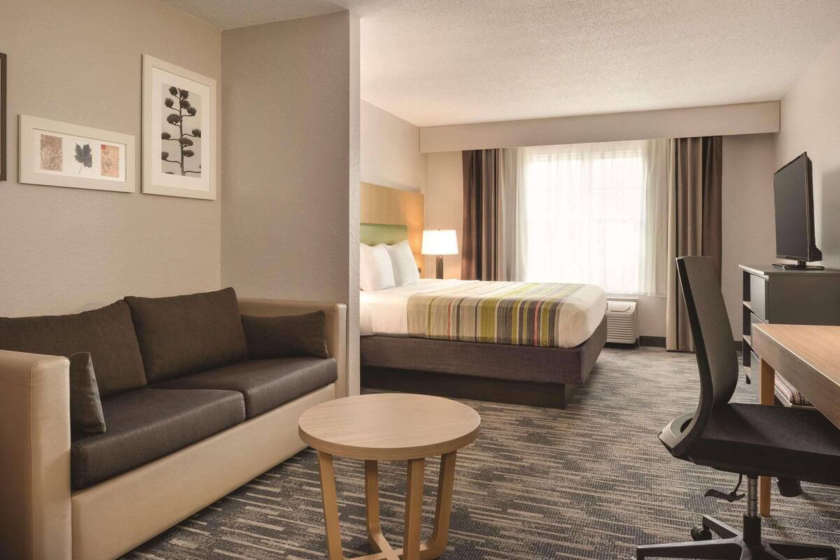 A hotel room with a sofa, a bed with a striped blanket, a desk with a chair, and a television.