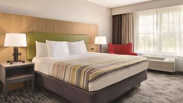 Premium bedding, desk, blackout drapes, iron/ironing board