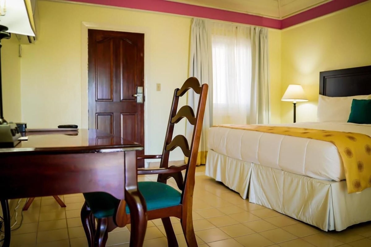 Une chambre d’hôtel avec un lit, un bureau avec une lampe, une chaise et une porte.