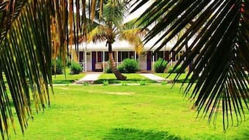 A hotel with a central courtyard, palm trees, and a building with a thatched roof.