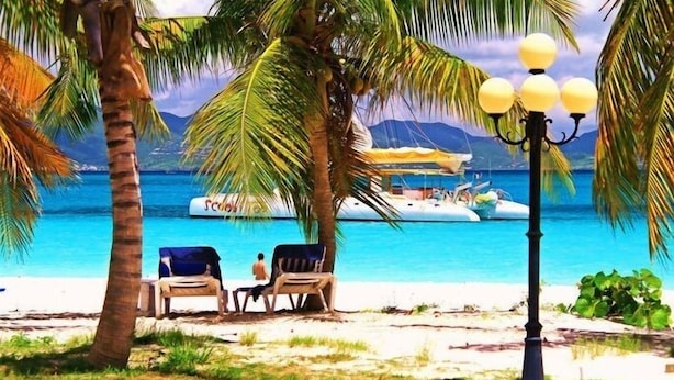 A beach scene with palm trees, a boat, and a street lamp.