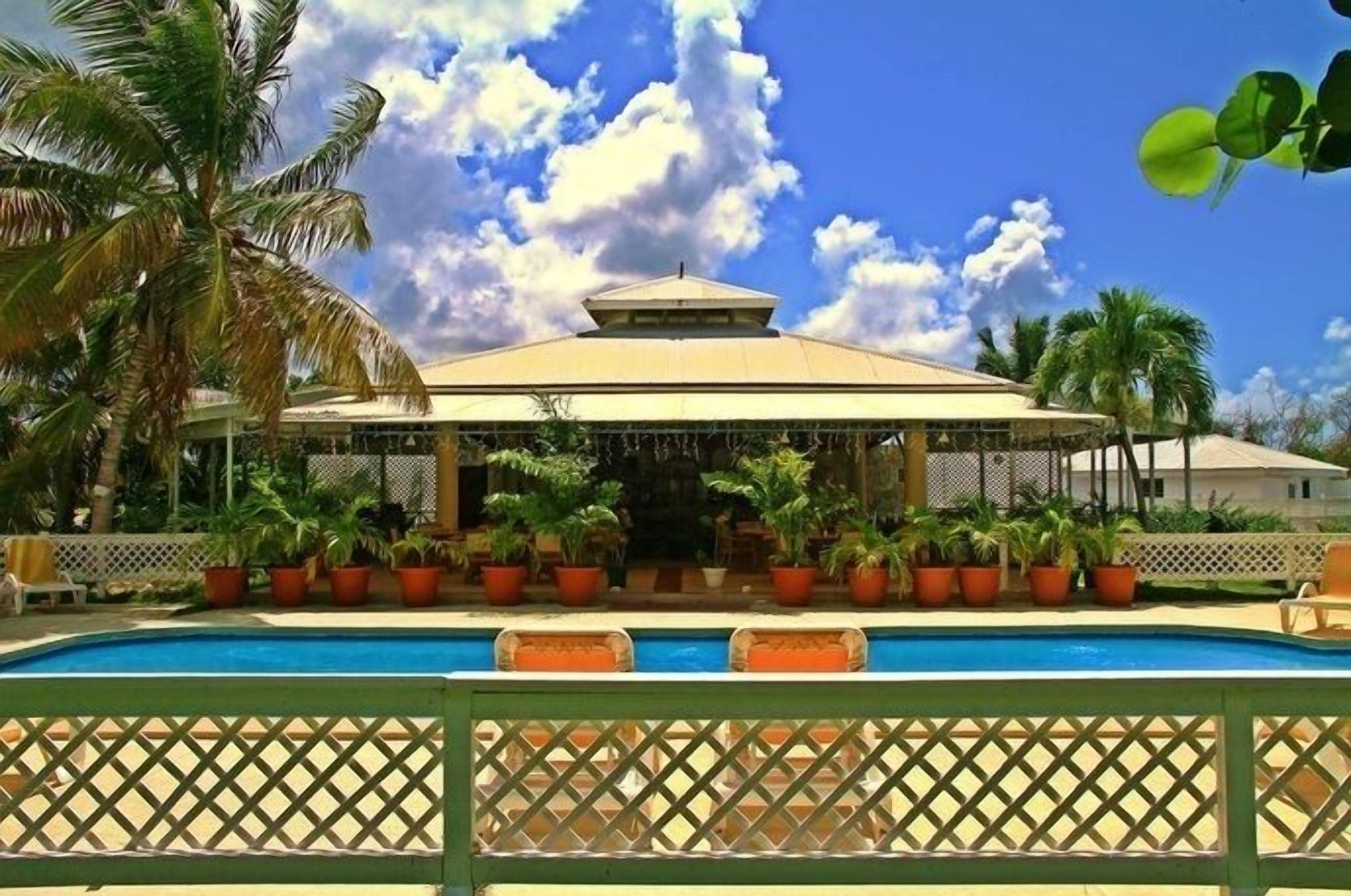Área de piscina com espaço coberto para sentar, rodeada por plantas em vasos e palmeiras.