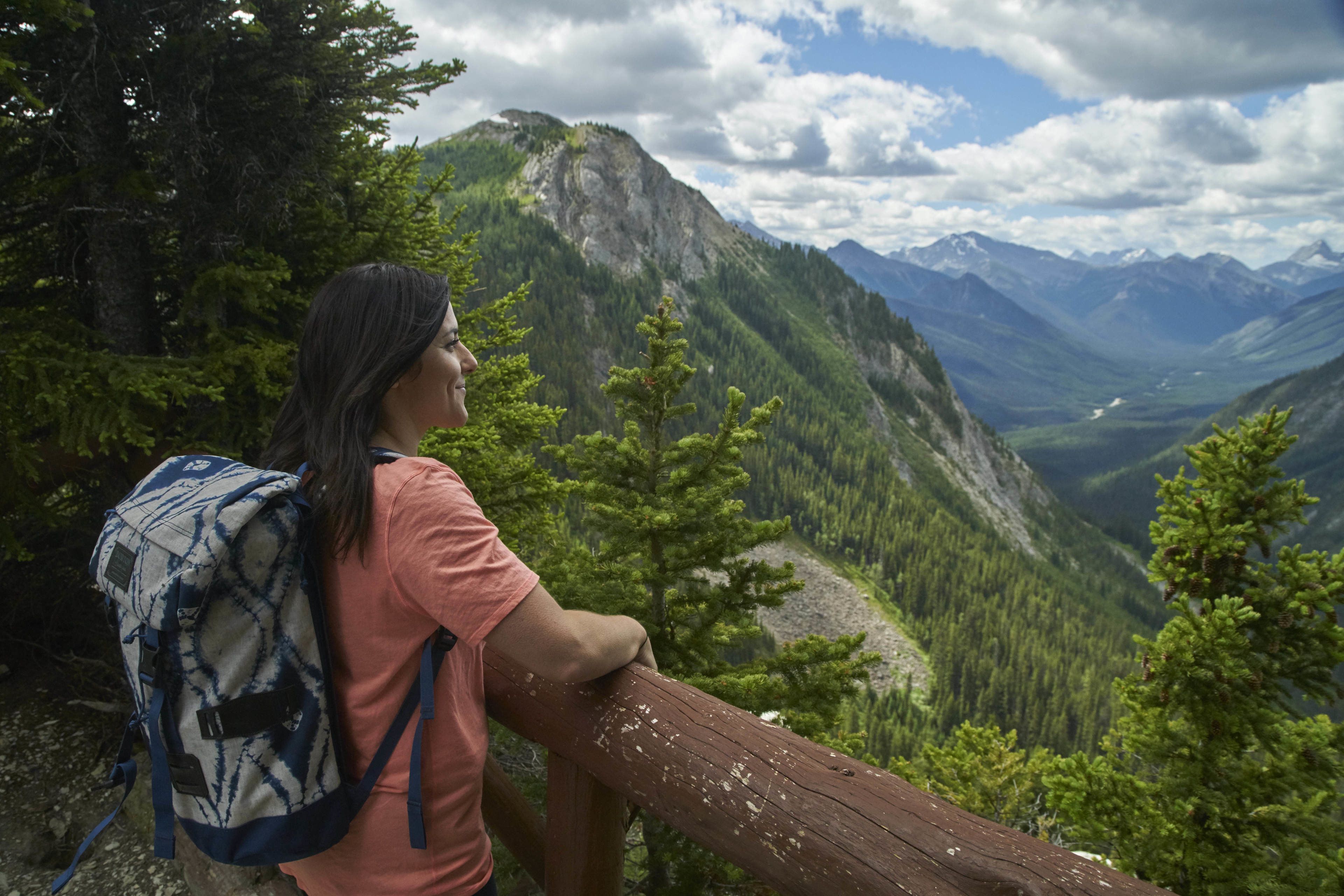 Una persona con una mochila apoyada en una baranda de madera, con vista a un paisaje montañoso.