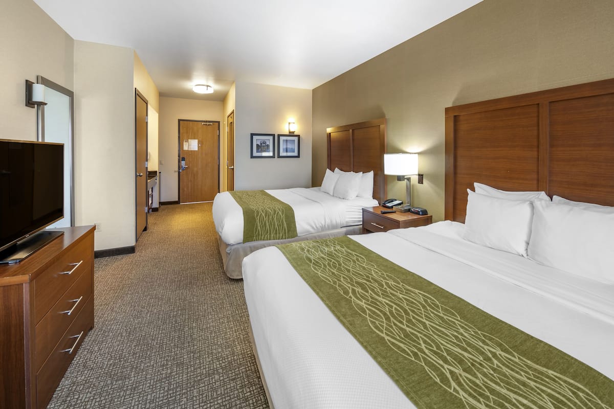 A hotel room with two beds, a TV, a desk, and a lamp.