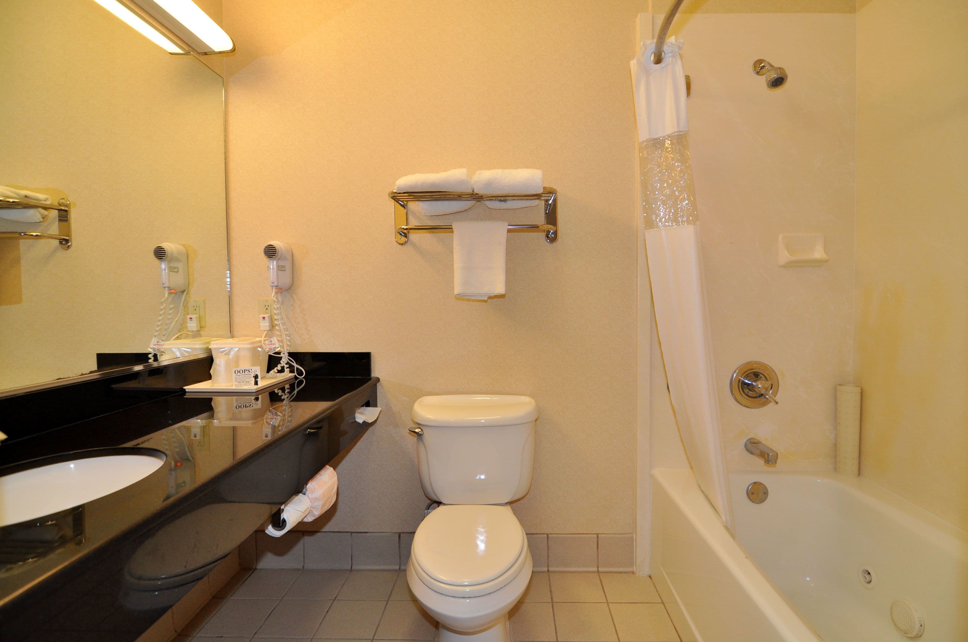 combined shower/bathtub, hydromassage showerhead, free toiletries