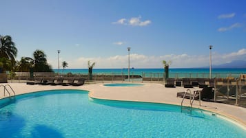 Outdoor pool, pool umbrellas, sun loungers