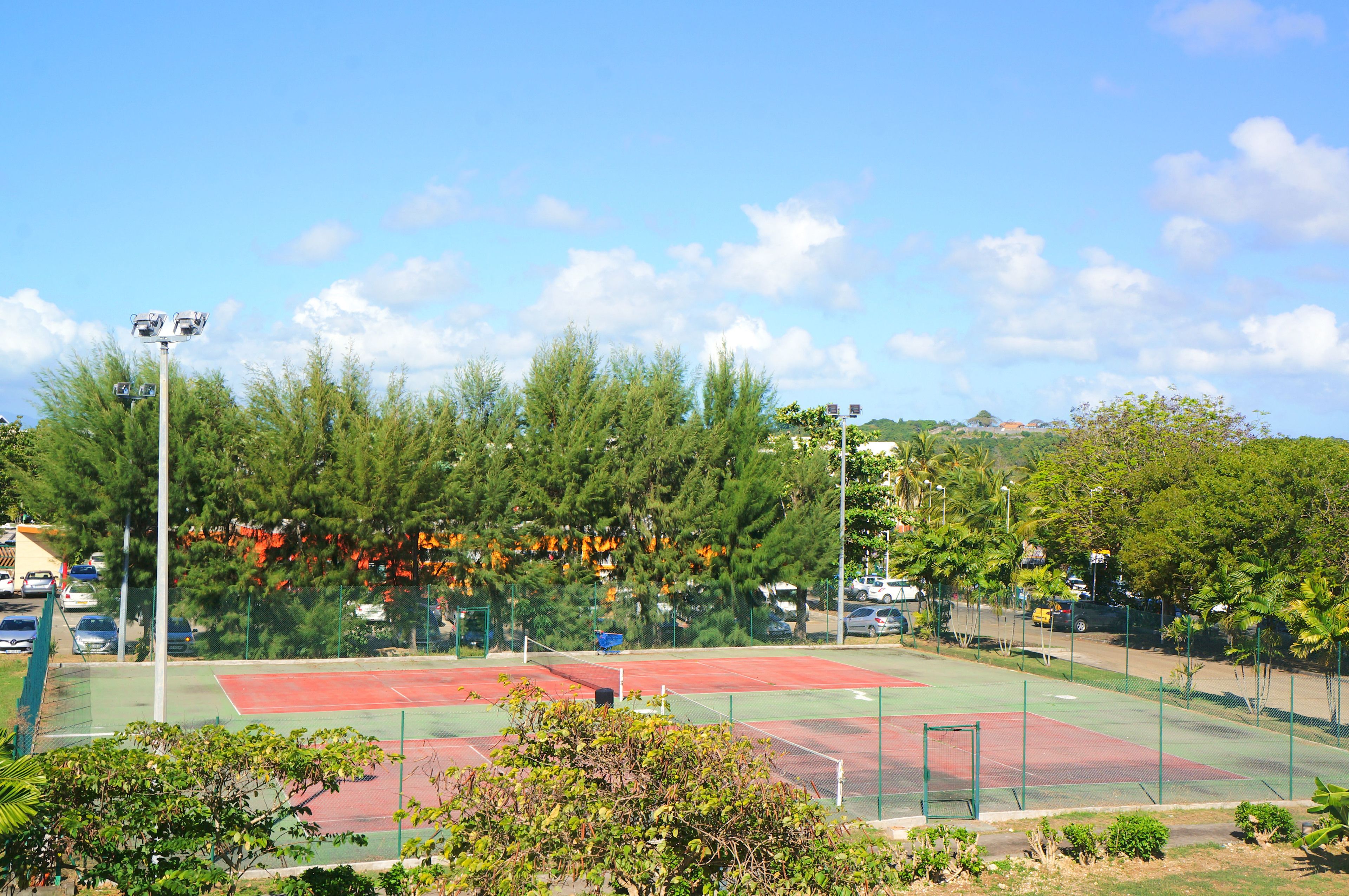 Cancha de tenis rodeada de árboles y un estacionamiento.
