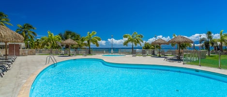 Outdoor pool, pool umbrellas, pool loungers