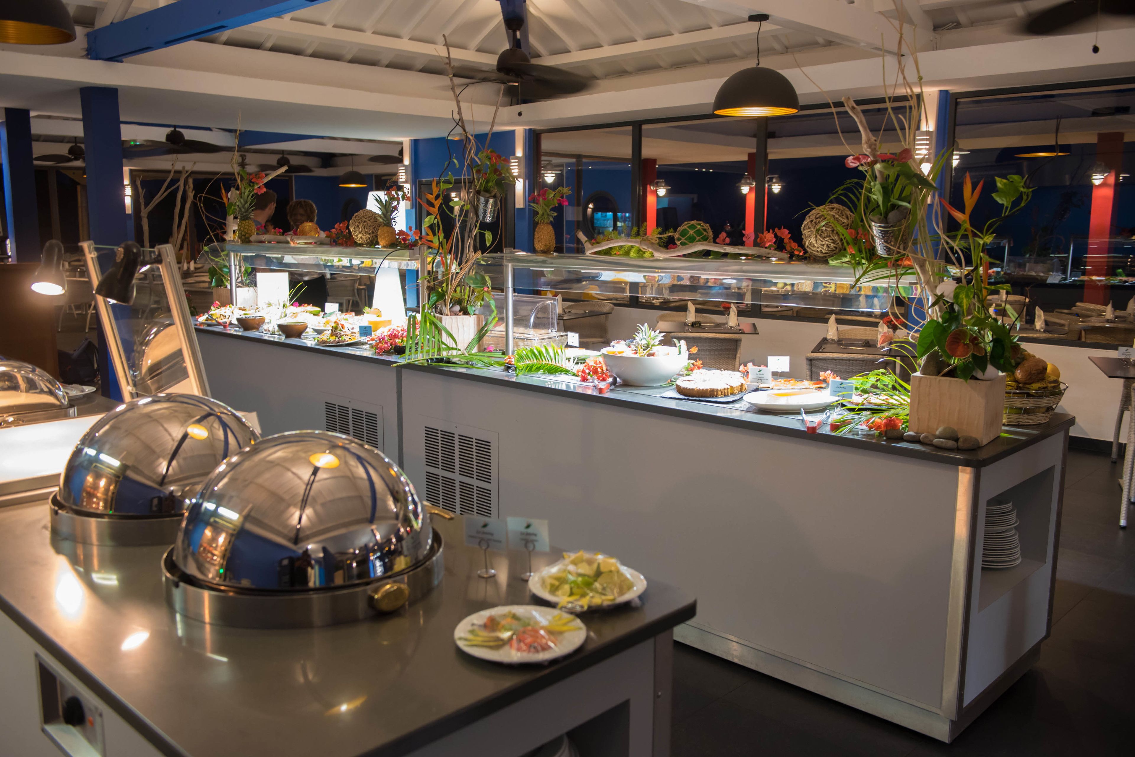 Montaje de bufé con diversos alimentos y plantas decorativas.
