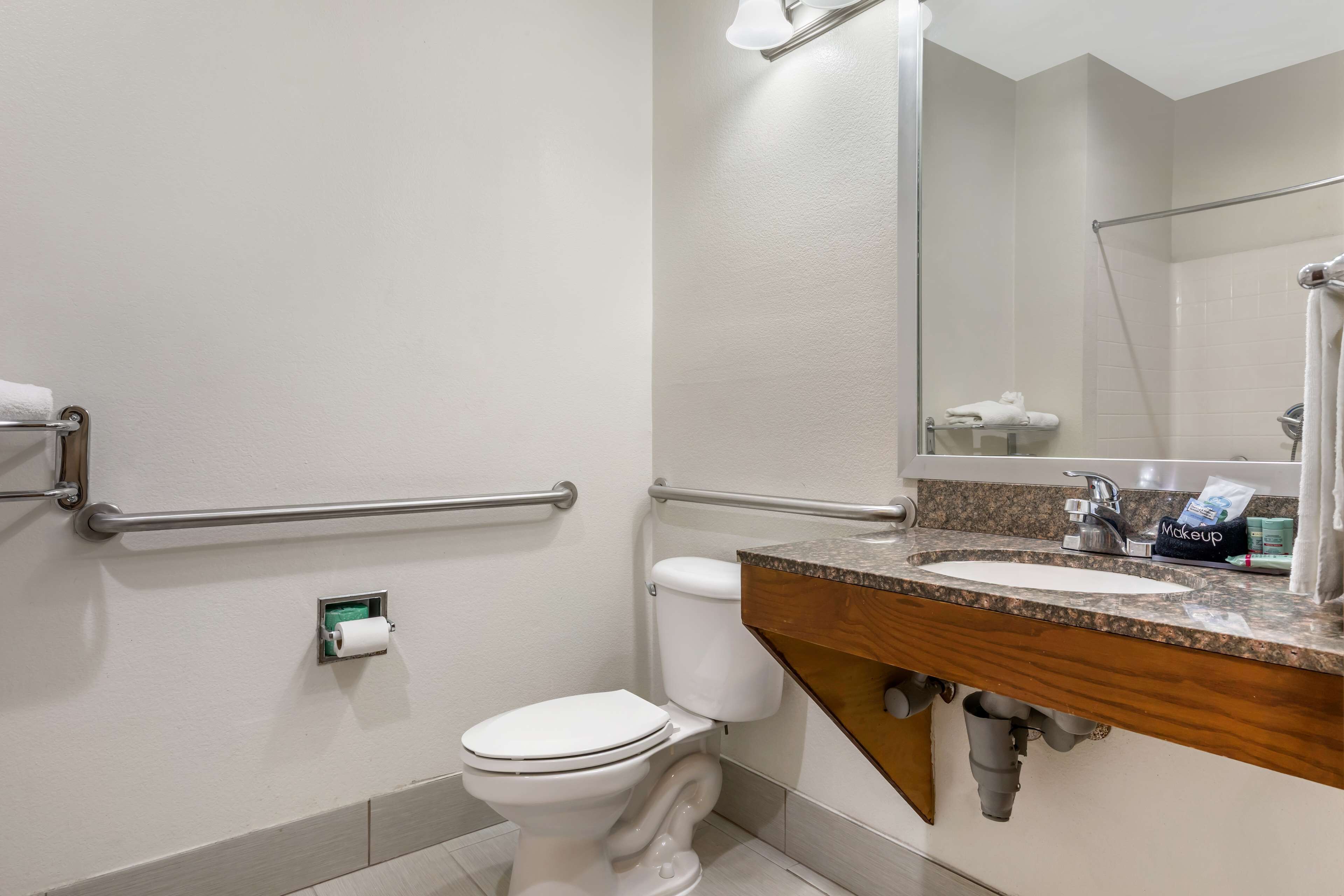 A bathroom with a white toilet, a sink with a granite countertop, a mirror, and a towel rack.
