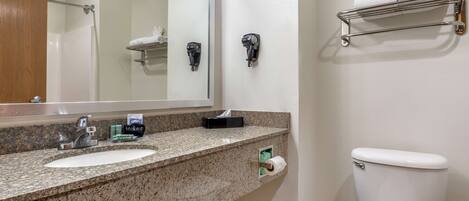 Un baño con encimera de granito, lavabo, espejo, toallero y retrete.