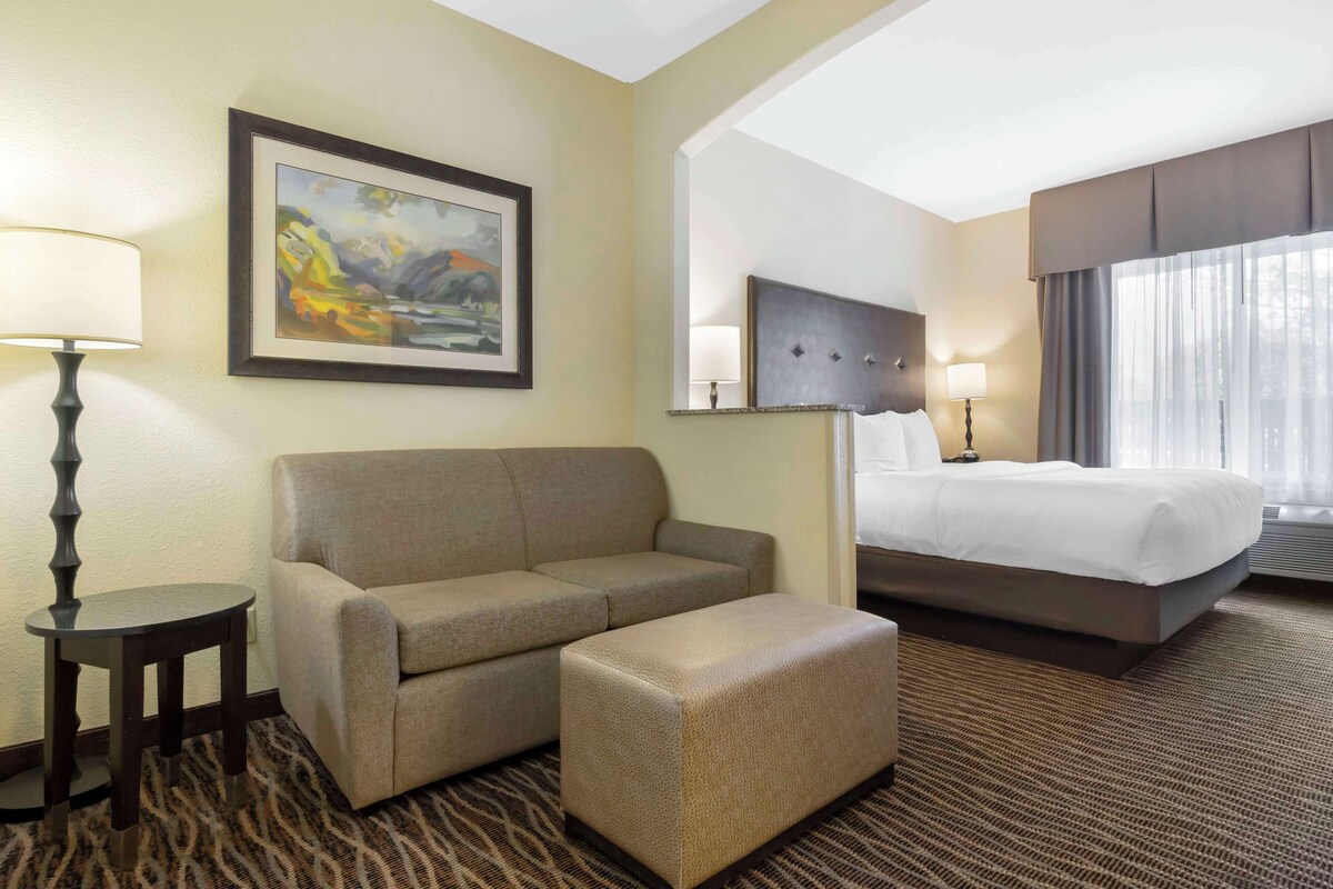 Habitación de hotel con sofá, reposapiés, cama y un cuadro en la pared.