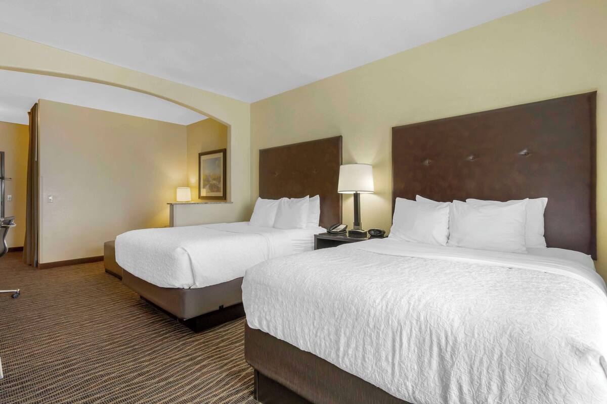 Een hotelkamer met twee bedden, een groot hoofdeinde, een nachtkastje met een lamp en een vloerbedekking.