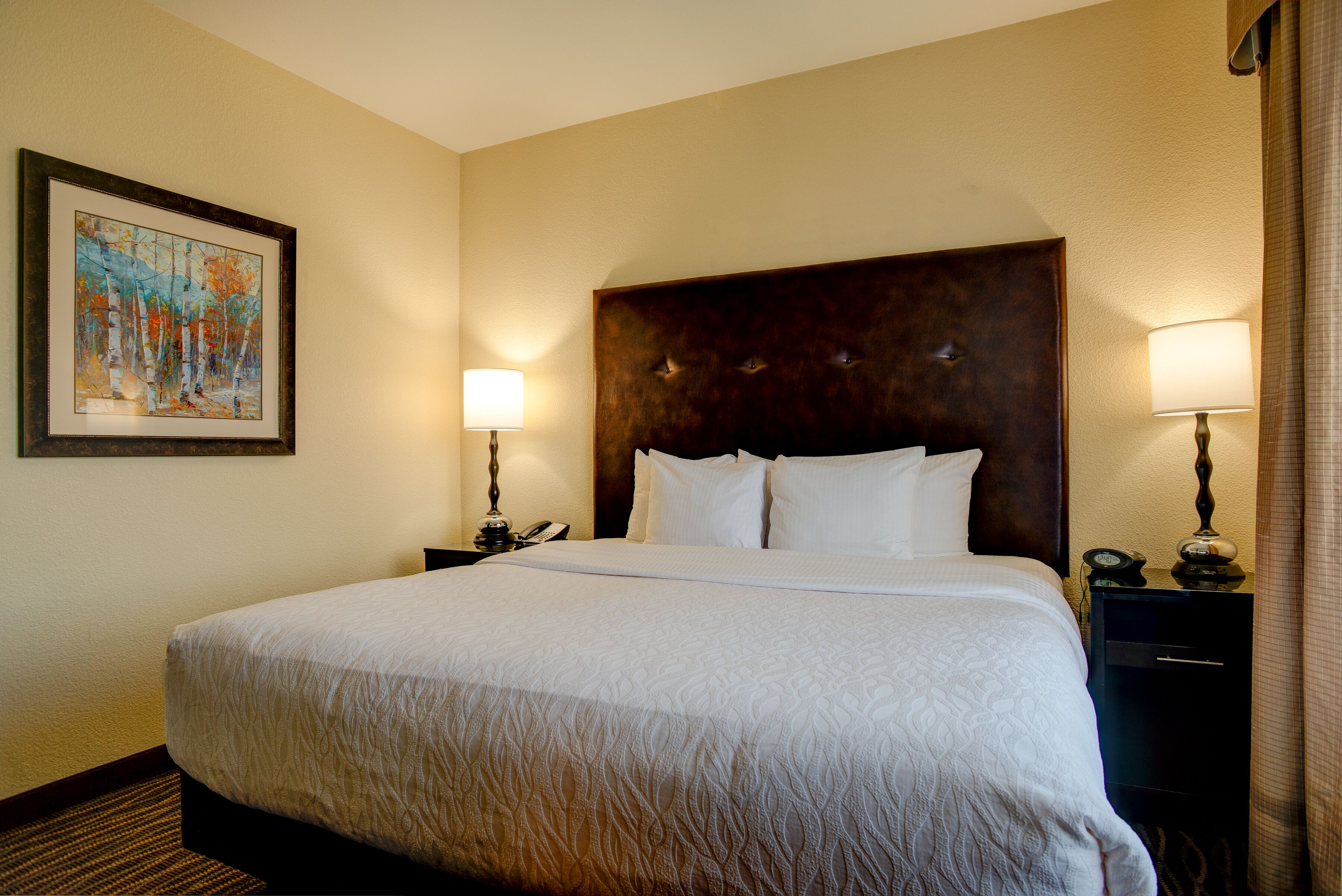 A hotel room with a large bed, two bedside tables, a headboard, and a framed picture on the wall.