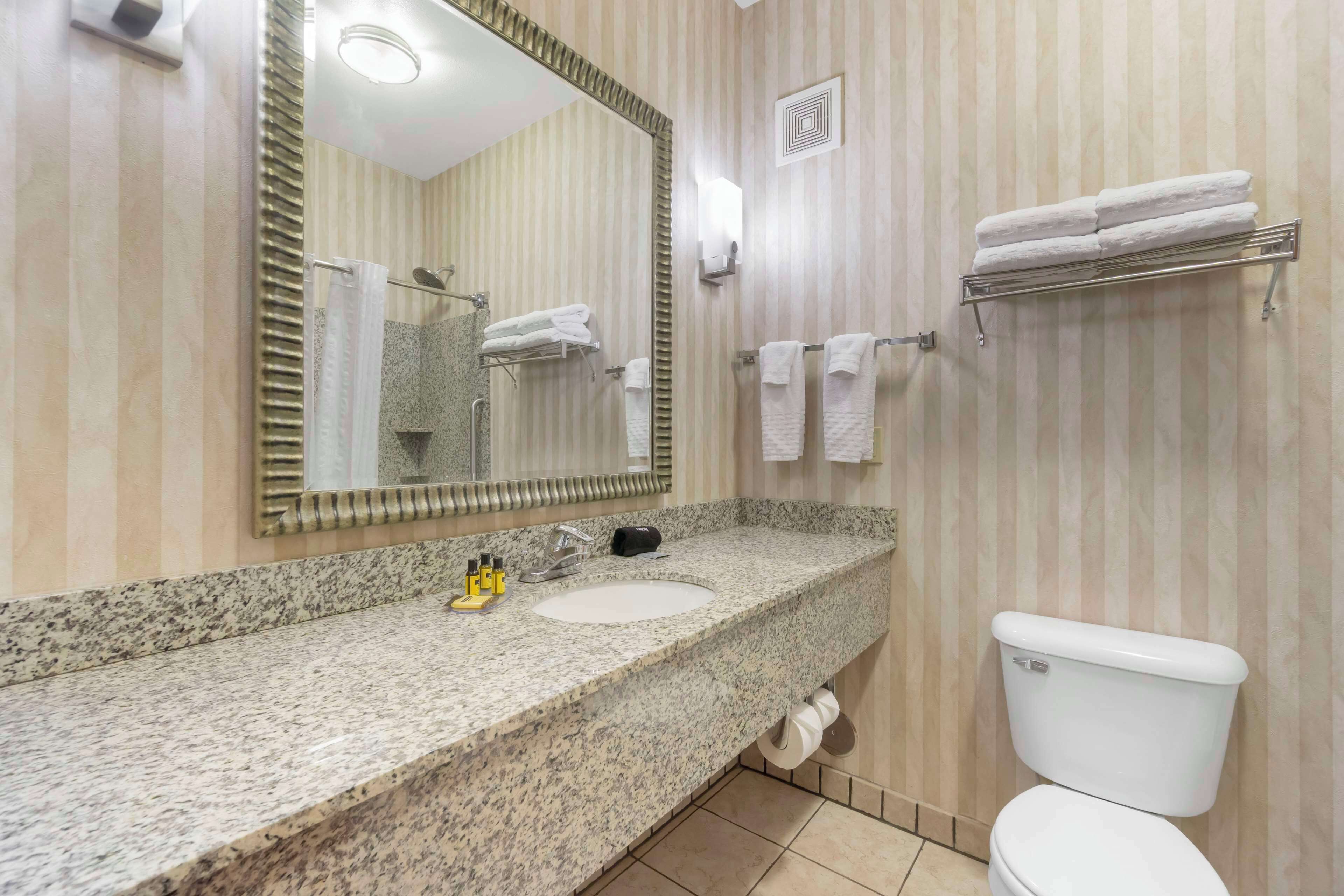A bathroom with a granite countertop, a sink, a toilet, a mirror, and towel racks.