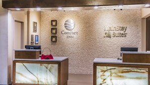 Un hall d’accueil d’hôtel avec des comptoirs de réception en marbre, un mur à texture et des panneaux indiquant les enseignes Comfort Inn et MainStay Suites.
