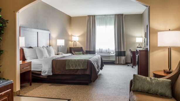 Une chambre d’hôtel avec un grand lit, un bureau, une chaise et un canapé. Il y a une fenêtre avec des rideaux et une lampe sur le bureau.