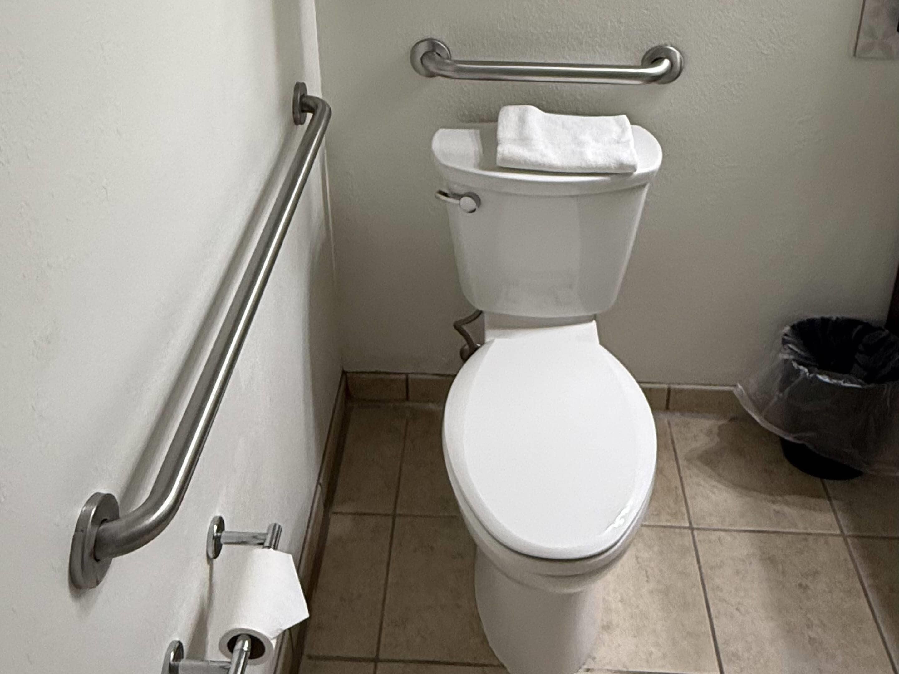 Des toilettes blanches équipées d’une barre d’appui, d’un rouleau de papier toilette et d’une poubelle.