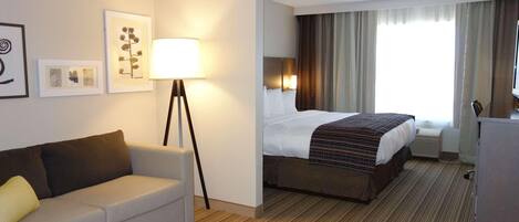 Una habitación de hotel con cama, sofá, escritorio y lámpara.