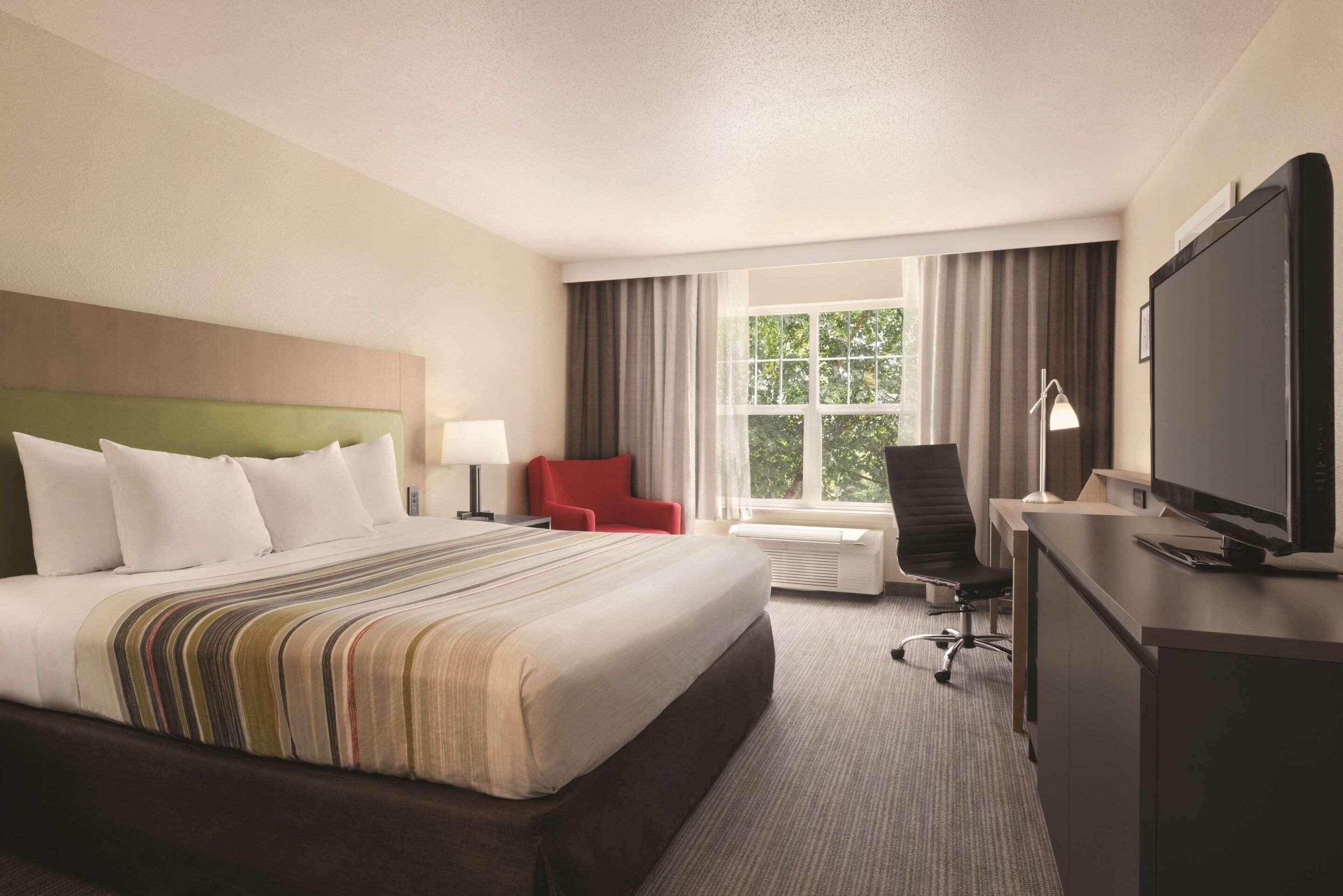 1 bedroom, desk, blackout curtains, iron/ironing board