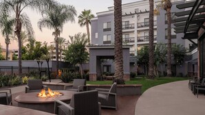 An outdoor patio area with a fire pit, seating, and palm trees.