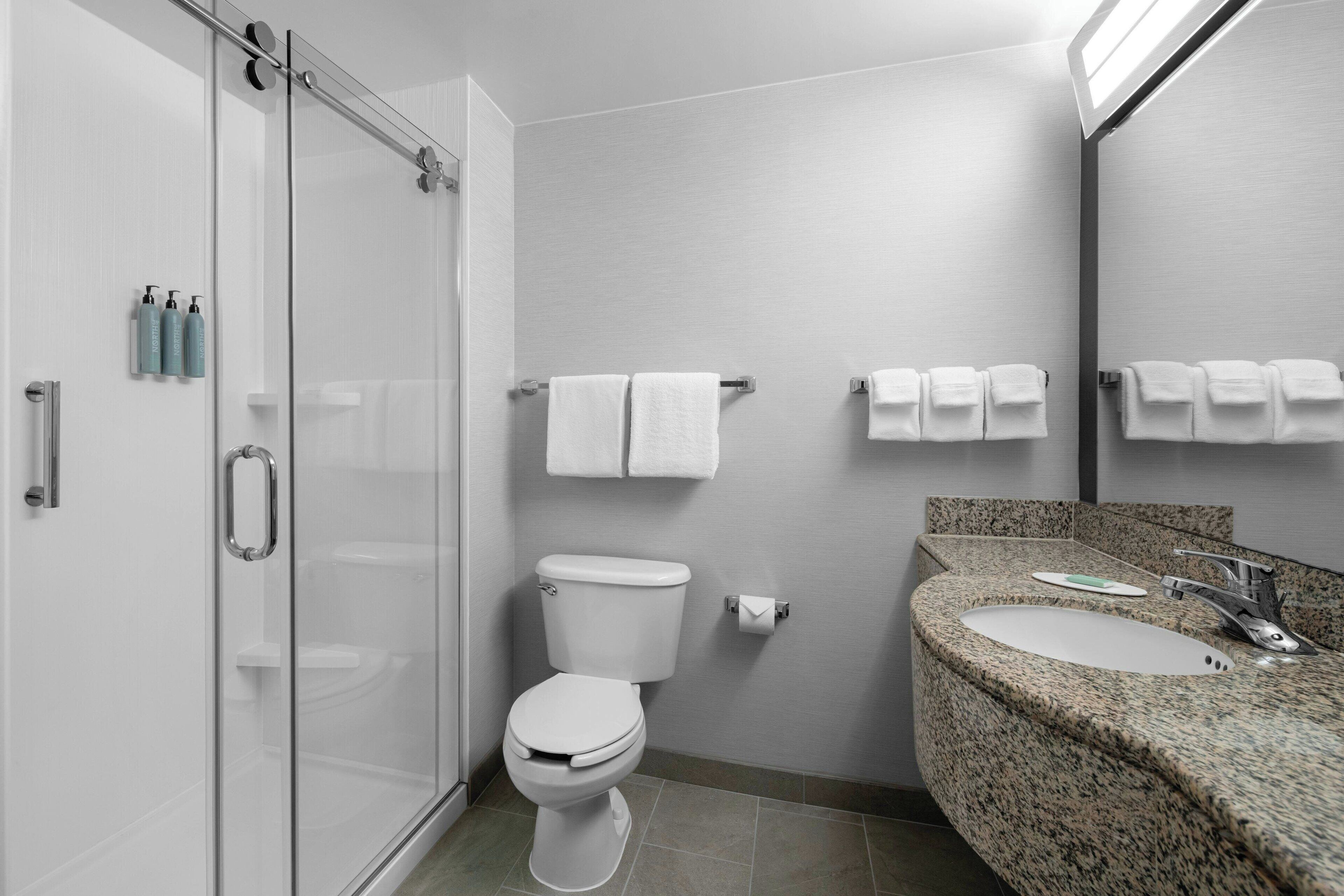 combined shower/bathtub, free toiletries, hair dryer, towels