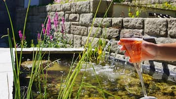 Una mano sostiene un vaso con bebida roja cerca de una fuente pequeña con plantas y flores.