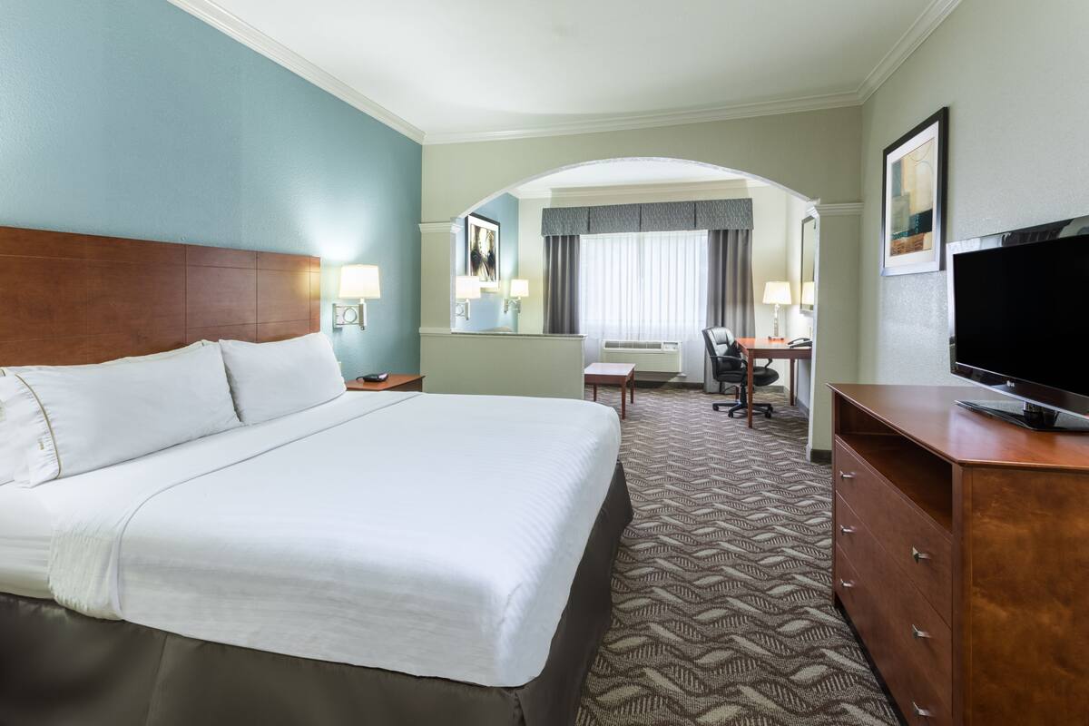 Une chambre d’hôtel avec un grand lit, un bureau, une télévision et un miroir.