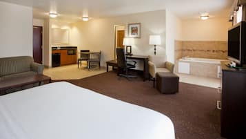 Desk, laptop workspace, blackout curtains, iron/ironing board