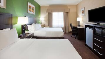 Desk, laptop workspace, blackout curtains, iron/ironing board