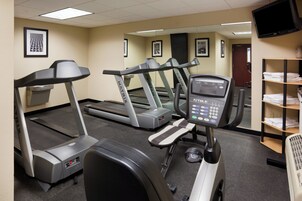 A fitness center with treadmills, elliptical machines, and a rowing machine.