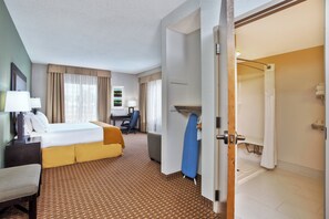 A hotel room with a bed, desk, chair, and a bathroom with a shower. - Holiday Inn Express Hotel & Suites Harrington-Dover area, DE by IHG (Harrington)