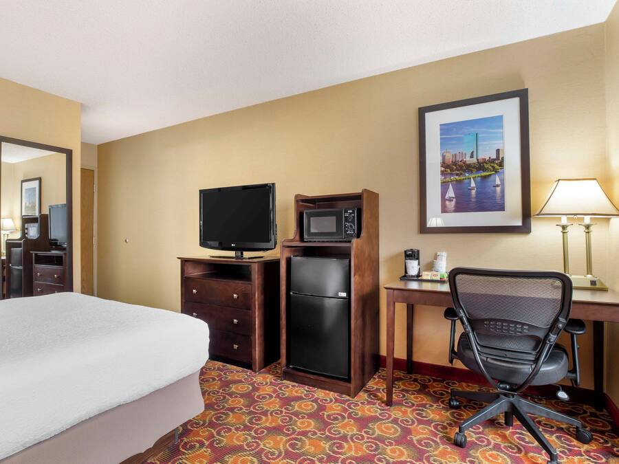 Habitación de hotel con una cama, un escritorio con computadora, microondas, refrigerador, una silla y un cuadro en la pared.