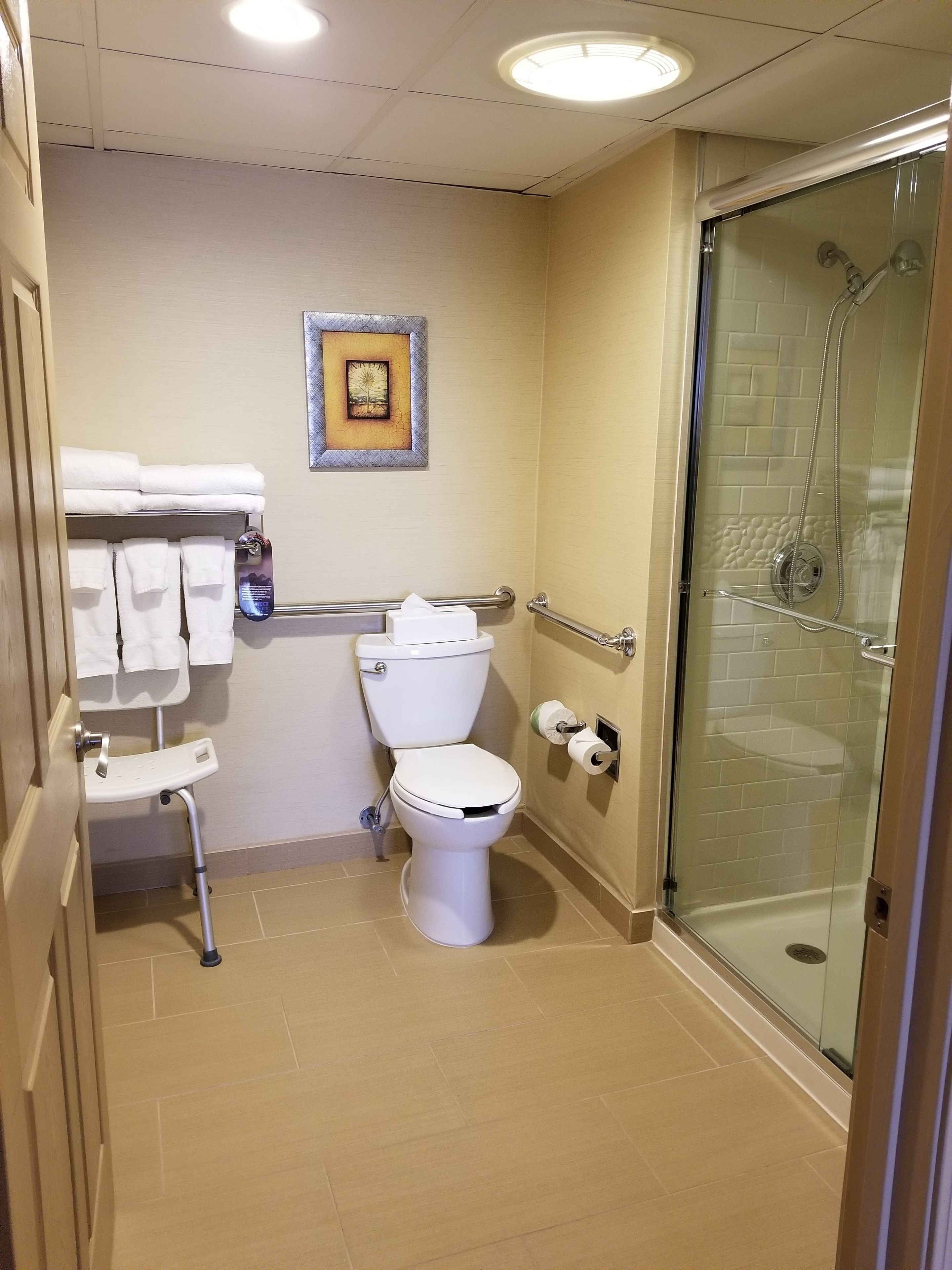 suite, 1 king bed, accessible, non smoking | bathroom | combined shower/bathtub, hair dryer, towels