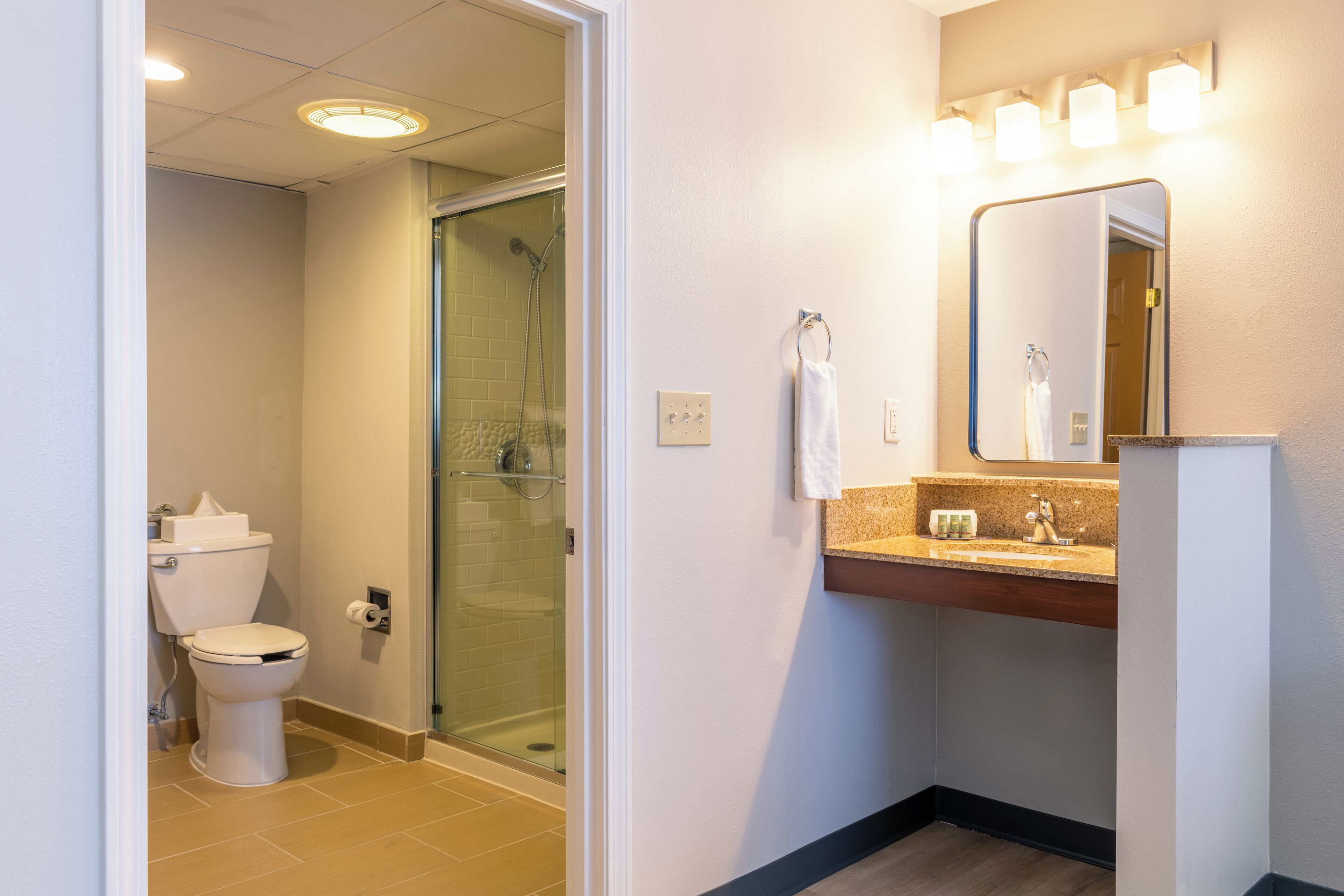 A bathroom with a toilet, shower, and sink.