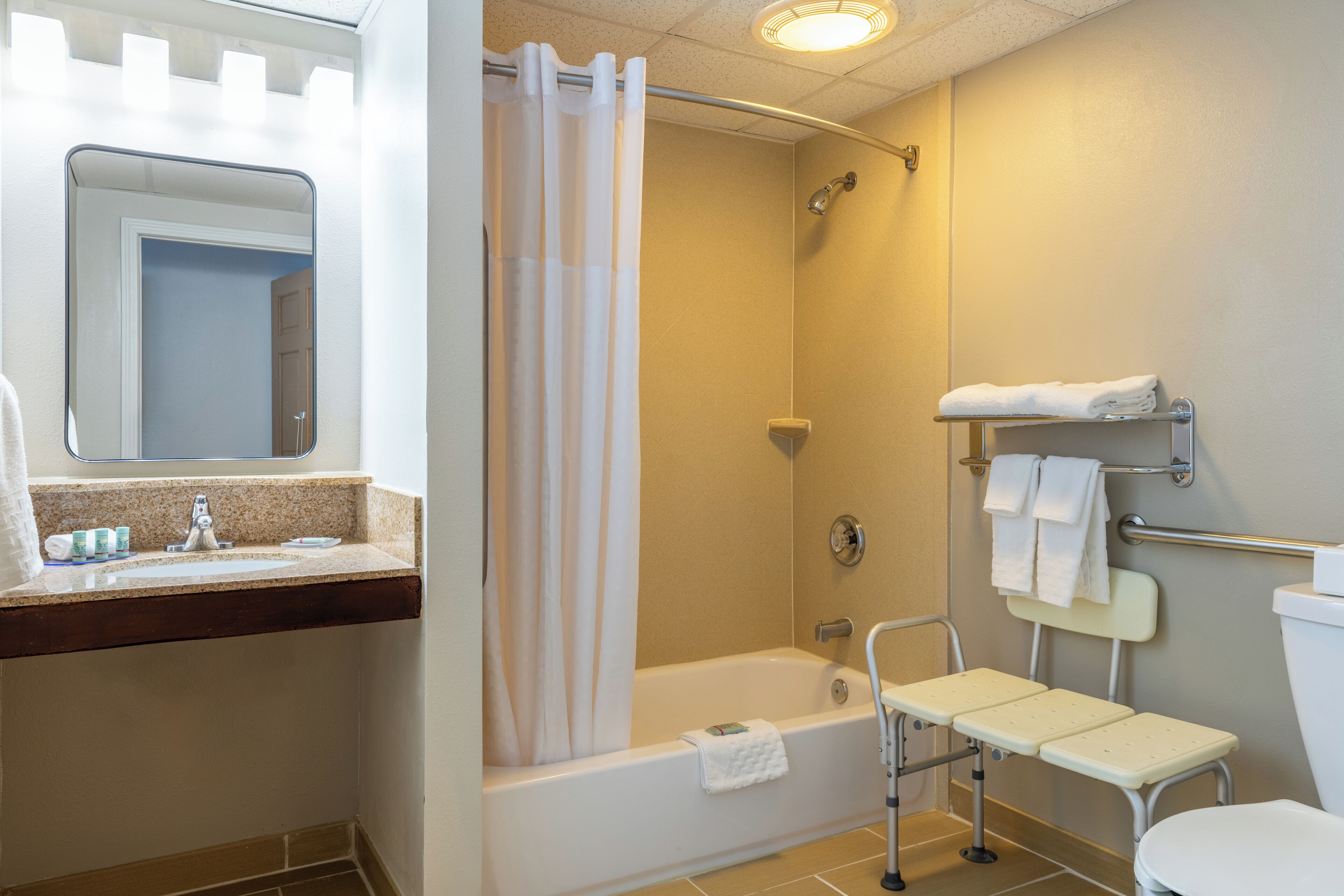 A bathroom with a shower, a bathtub, a toilet, a sink, and a mirror.