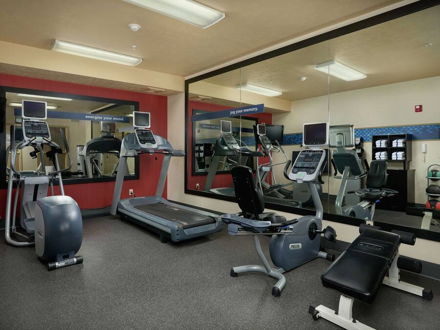 A gym with treadmills, an elliptical, and a bench press.