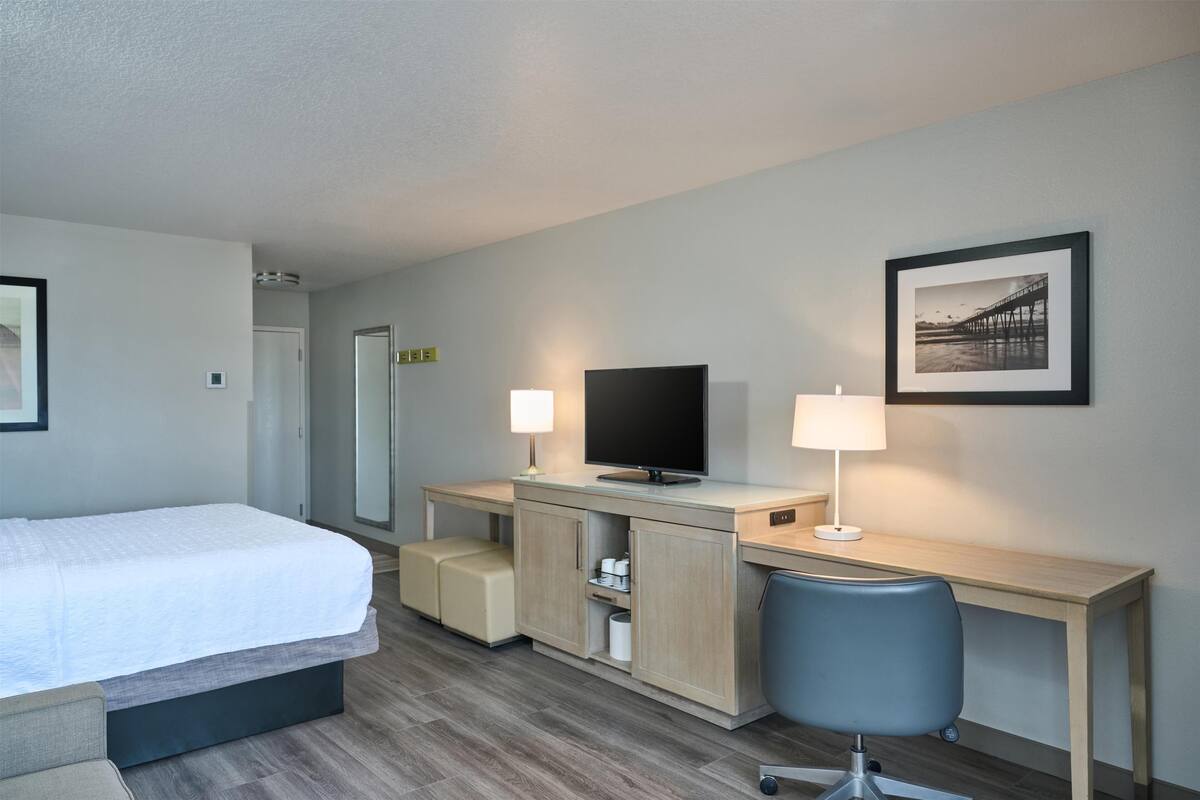 A hotel room with a bed, desk, chair, television, and framed picture on the wall.