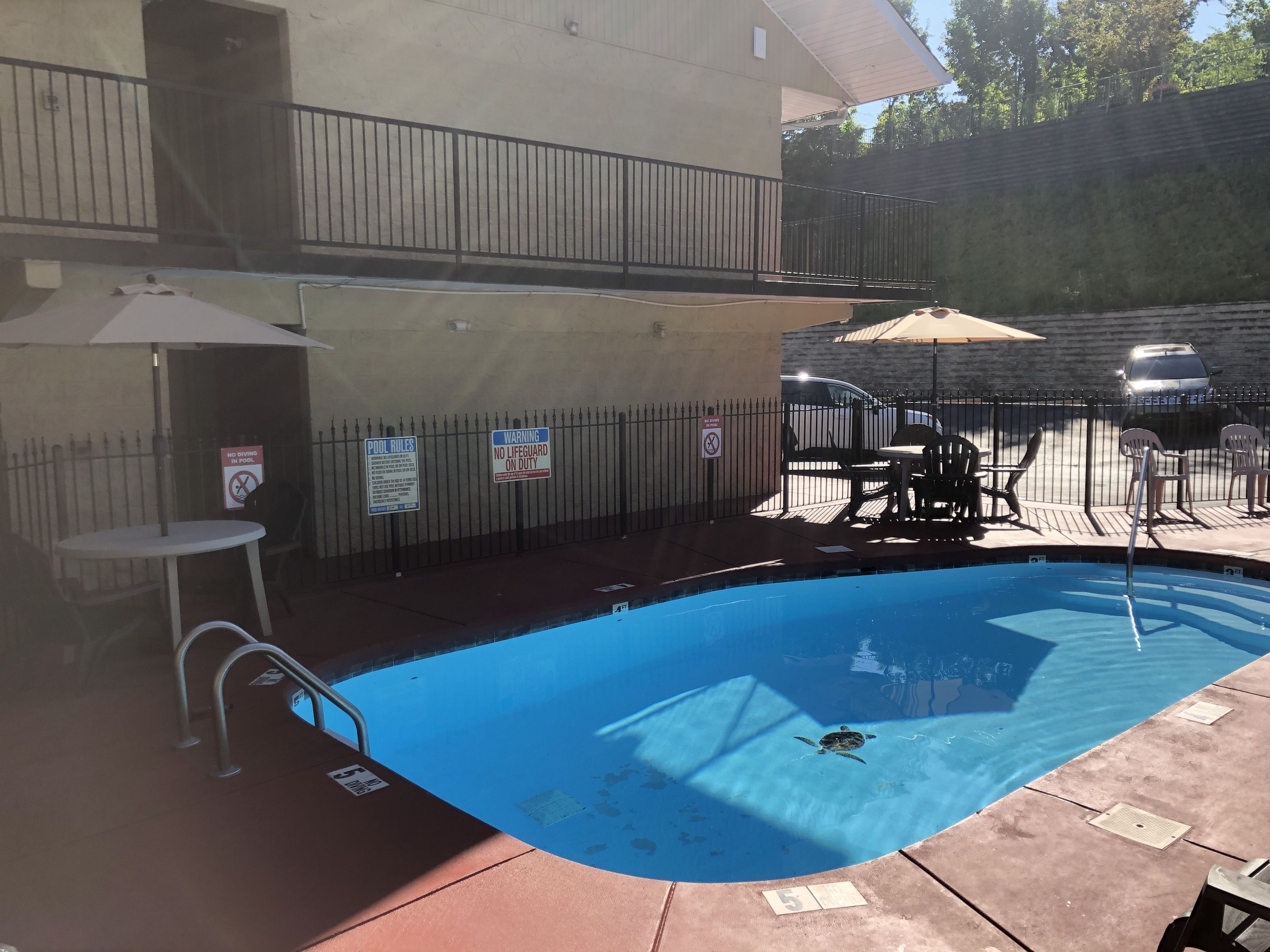 A swimming pool with a lifeguard chair and a pool table with chairs.