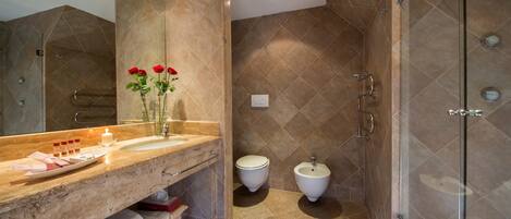 A modern bathroom with a large mirror, a vanity with toiletries, a glass shower enclosure, and a bidet.