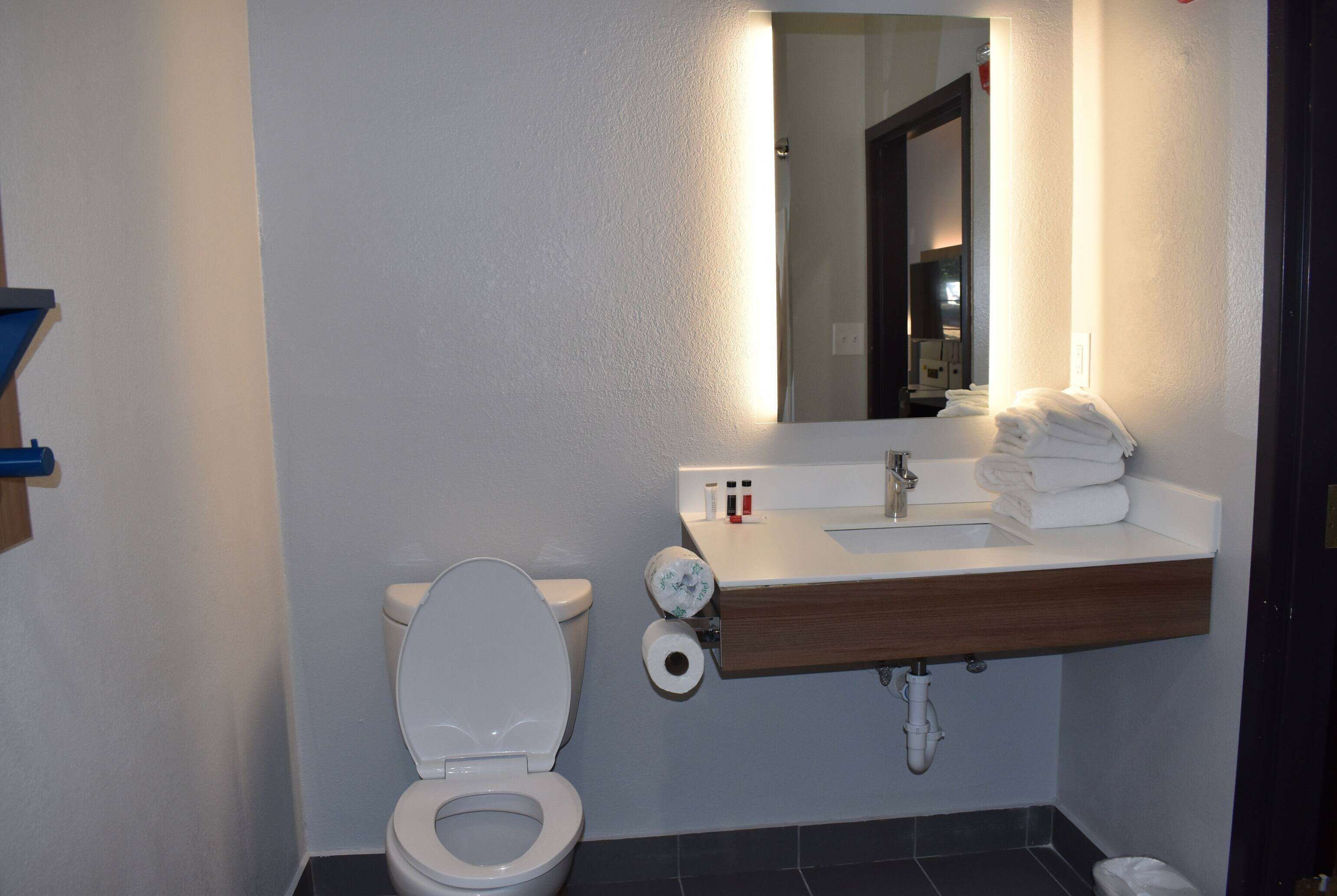 A bathroom with a toilet, sink, and mirror.