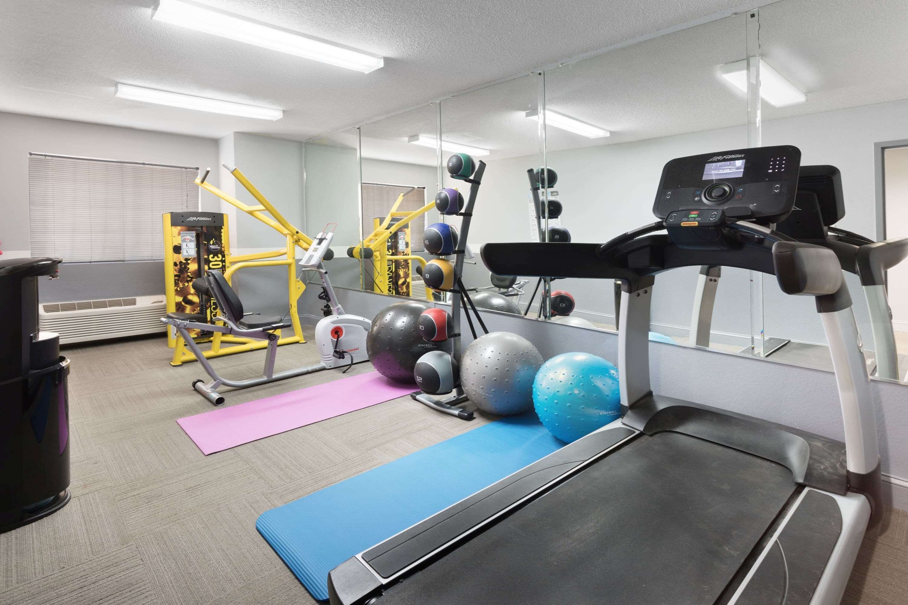 Una palestra con tapis roulant, palle da ginnastica e macchinari per pesi.