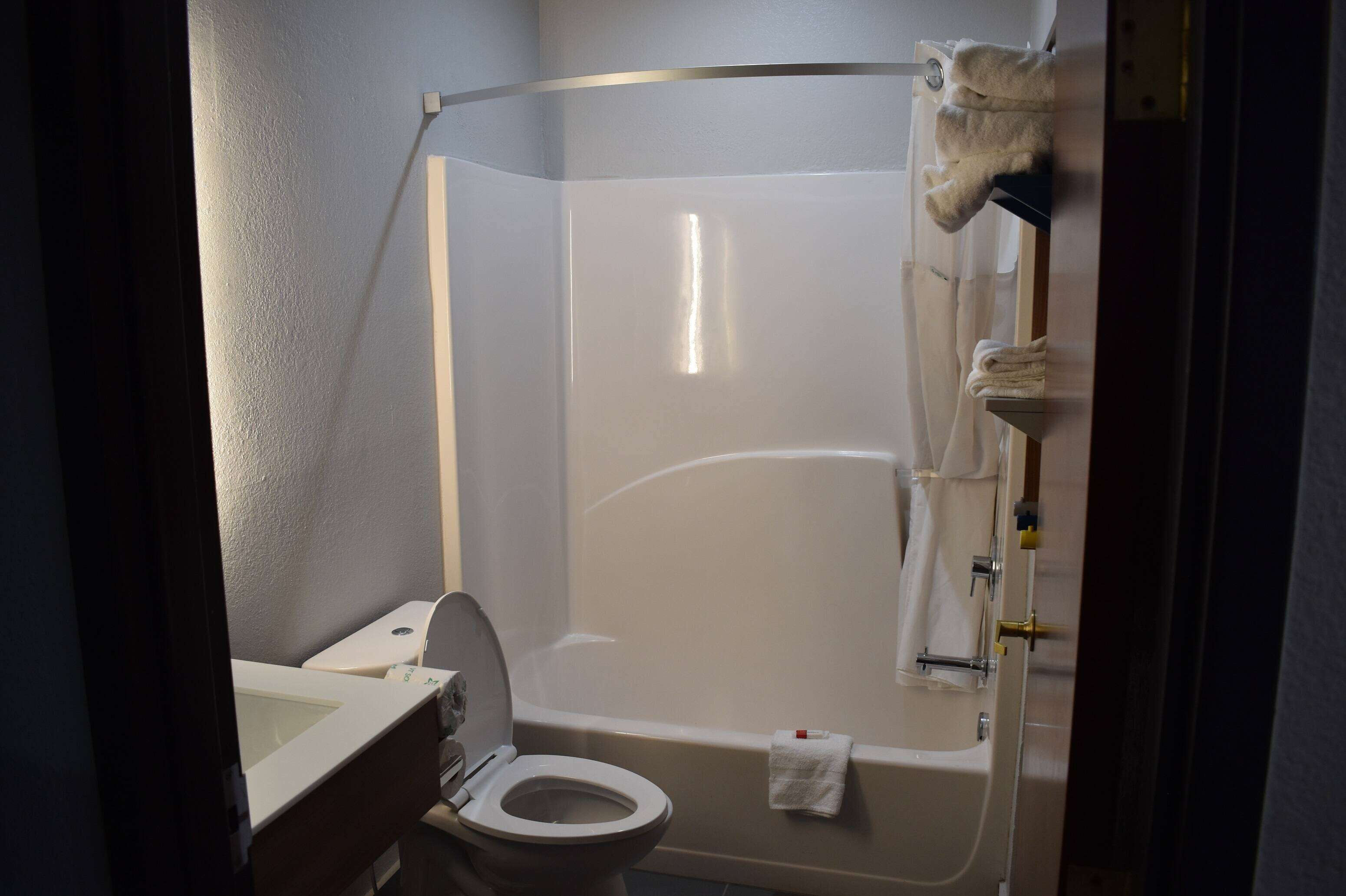 A bathroom with a toilet, a bathtub, and a shower enclosure.
