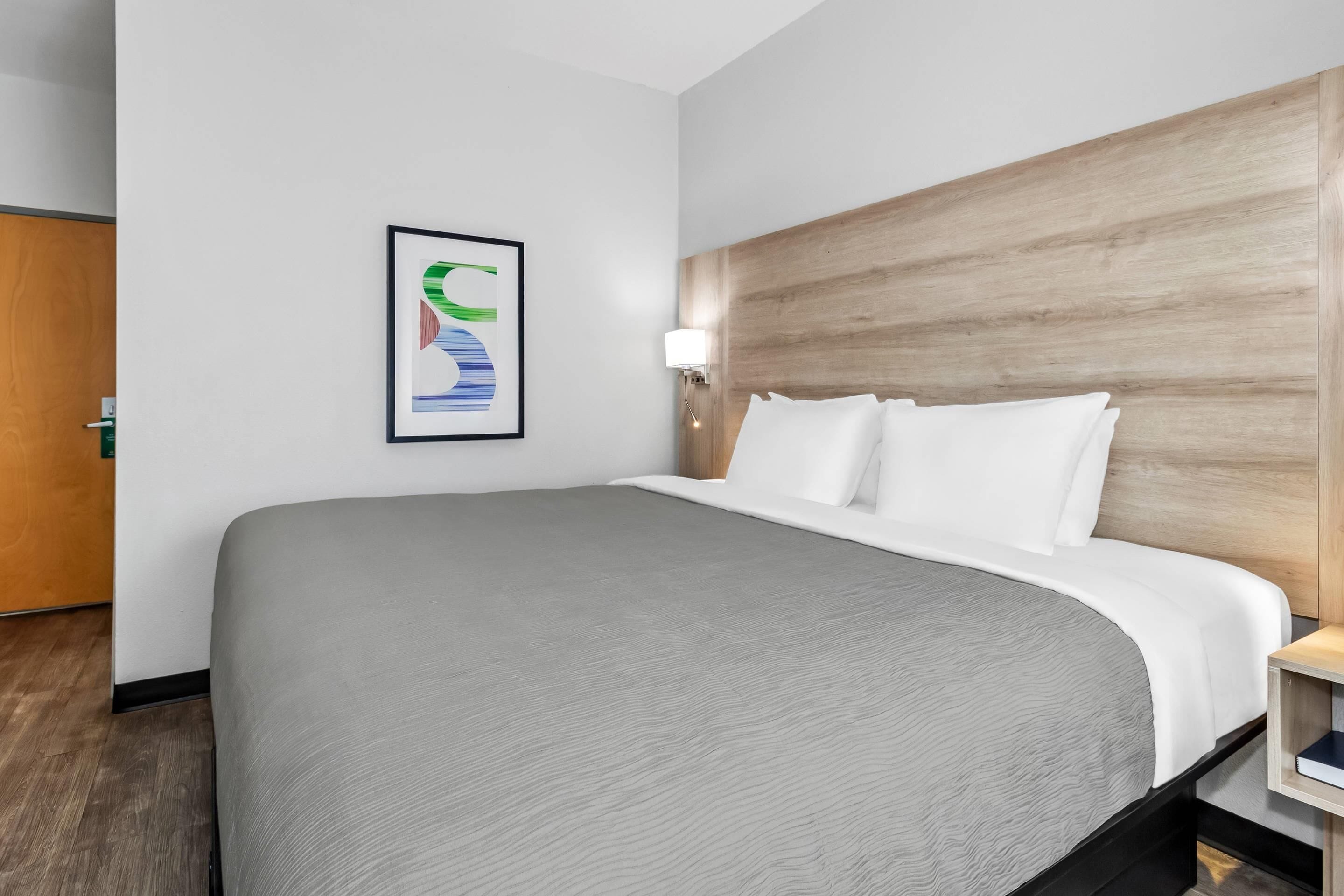 A modern hotel room with a large bed, a wooden headboard, a framed abstract artwork, and a bedside table with a lamp.