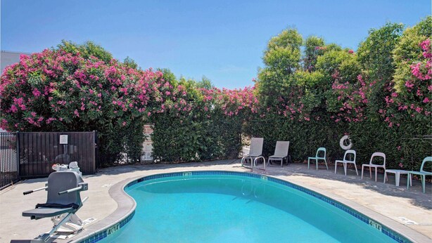 A swimming pool with a chair and a lifeguard chair, surrounded by a hedge with pink flowers. - Super 8 by Wyndham Sacramento/Florin Rd (Sacramento)